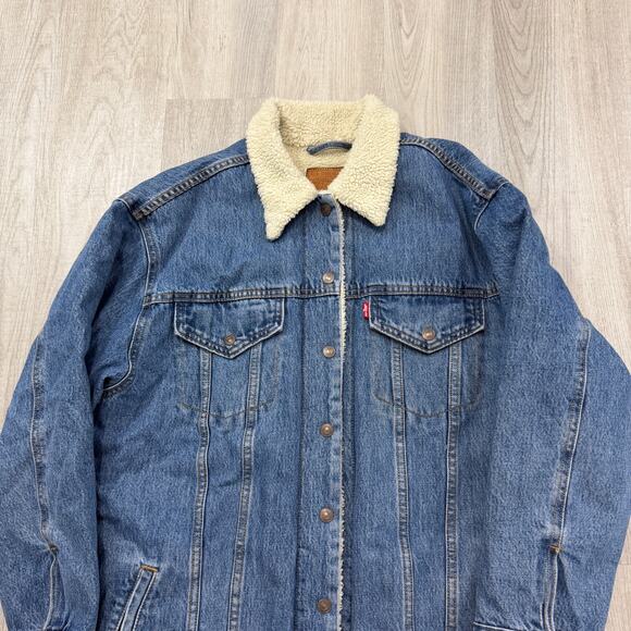 Levis Lengthened Sherpa Trucker Jacket Women's Large Blue Collared Denim Western - Picture 2 of 9